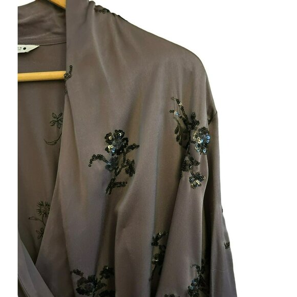 Zara Women's Brown Long Sleeve Sequin Wrap Blouse Large Floral V Neck Night Out - Picture 2 of 4